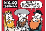 Capa da Charlie Hebdo, sugerindo que Jesus estaria em uma "reunião de pais e mestres", sem a participação de Deus.