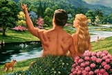 Ilustração sugere cena de Adão e Eva no Jardim do Eden.