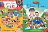 Revista 'Espiritismo Kids' divulga o livro "Magali em outras Vidas" (à esquerda) e a capa do livro "Chico Xavier e Seus Ensinamentos" (à direita). (Imagem: Guiame)