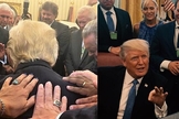 Pastores impõem as mãos sobre Trump para oração (esquerda) e conversam com o presidente (direita). (Imagem: Facebook)