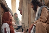 Jesus Cristo conversa com mulher que foi curada de um sangramento permanente. (Foto: lds.org)
