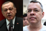 Erdoğan, presidente da Turquia (esquerda) e o pastor americano Andrew Brunson (direita). (Fotos: Reprodução).