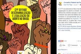 Publicação do Conselho Federal de Psicologia em sua página oficial do Facebook, defendendo abertamente a legalização do aborto. (Foto: Facebook)