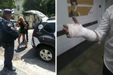 À direita, travesti protesta contra religiosos. À direita, vigilante da igreja mostra braço ferido. (Foto: Universal)