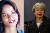 Asia Bibi (esquerda) está sendo ameaçada de morte por extremistas islâmicos, mesmo após sua absolvição. A primeira-ministra Theresa May (direita) disse que a segurança da paquistanesa é a "principal preocupação" do Reino Unido. (Foto: Voice of Europe)