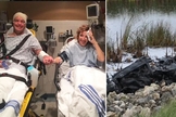 Ken e Sonia momentos depois do acidente. (Foto: Captura de tela/Montagem Guiame/YouTube The 700 Club/CBN News)