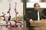 À esquerda, Solomon e artistas de circo em apresentação. À direita, ele pregando o Evangelho. (Foto: Reprodução/God Reports)