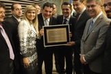 Pastor Jabes Alencar durante homenagem no café de pastores pró Marcha para Jesus.