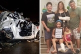 O carro foi destruído pelo impacto entre duas carretas, mas todos sobreviveram. (Foto: João Carlos Frigério/Plantão190/Facebook)