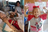 Avery Brekle junto com sua doadora, a irmã Sara adotiva (à esquerda) e em seu quarto se recuperando do transplante (Foto: Reprodução/Facebook/BPress)