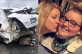 O carro de Macy Smith destruído após acidente, e a jovem agora salva. (Foto: Reprodução/Twitter)