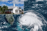 Imagens de satélite do furacão Dorian sobre as Bahamas e igreja New Life, antes de ser destruída. (Fotos: Reprodução/KRDO/Randy Crowe)