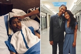 Taddy recebe oração durante tratamento paliativo no hospital (à esquerda); e de alta, ao lado da filha Adrienne. (Foto: Reprodução/Instagram)