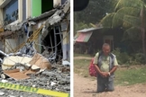 Prédio danificado pelo terremoto de 6,6 graus; homem ora de joelho na rua. (Foto: Reprodução/Amazonas/God TV)