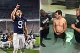 Trace McSorley sendo batizado pelo capelão Johnny Shelton na piscina do time. (Foto: Reprodução/Instagram)