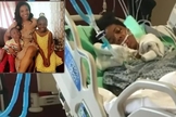 Kertisha Brabson durante o coma e hoje saudável com as filhas. (Foto: Reprodução/GodUp)