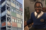 Malachi Justin e o prédio construído com doações iniciadas a partir da oferta do menino de 10 anos. (Foto: Reprodução/Premier)
