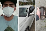 João Paulo Huttl e a peça que atingiu o para-brisa de seu carro. (Foto: Reprodução / Facebook)