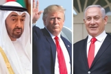 Sheik Mohammed Bin Zayed, príncipe herdeiro de Abu Dhabi, presidente dos EUA, Donald Trump, e primeiro-ministro de Israel, Benjamin Netanyahu. (Foto: Reuters)