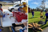 Voluntários servem comida para desabrigados e limpam destroçoes em Lake Charles. (Foto: Reprodução / BP Press)