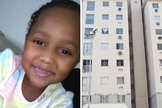 Menina Ana Júlia e a fachada do prédio de onde ela caiu da janela do sexto andar. (Foto: Reprodução / TV Gazeta)