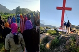 Cruz é removida enquanto cristãos fazem oração no local. (Foto: Reprodução / AsiaNews)