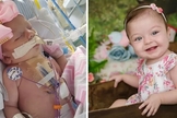 Ayla durante internação, e hoje, com 1 aninho. (Foto: Reprodução / Arquivo pessoal)