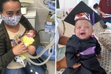 Selma e seu bebê, que nasceu com 620 gramas deixou hospital após 5 meses, com chapéu de formatura. (Foto: Selma Barbosa/Arquivo pessoal)