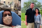C.J. MacDonald durante sua internação na UTI e hoje recuperado ao lado da esposa. (Foto: Reprodução / BP Press)
