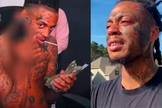 Boonk Gang exibe arma e dinheiro nas redes sociais [à esq.]; o rapper chora compartilhando seu testemunho de conversão [à dir.]. (Foto: Reprodução / Facebook)