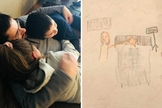 Carson sendo recebido em casa após alta; ao lado, desenho feito pela filha: Jesus com a mão sobre a cabeça de Carson enquanto ele estava internado. (Foto: Reprodução / Facebook)