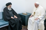 Papa Francisco em encontro com o Grande Aiatolá Ali al-Sistani em Najaf, no Iraque. (Foto: Vaticano/AP)