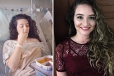 Jessica durante a internação para a cirurgia para a retirada do câncer na tireoide; e hoje, curada. (Foto: Reprodução / Arquivo Pessoal).
