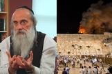 Rabino Lazer Brody e judeus diante do Muro das Lamentações enquanto a mesquita de al-Aqsa está em chamas. (Foto: Reprodução/Mendy Hechtman/Flash90)