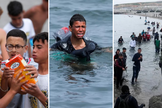 Imagens de migrantes que chegam pela praia em Celta. (Foto montagem: Jon Nazca/Reuters)