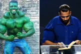 Romário em seu personagem “Hulk”, e hoje testemunhando a transformação em Cristo. (Foto: Reprodução / Arquivo pessoal)