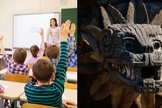 Crianças em sala de aula e deus da serpente asteca Cabeça da cobra emplumada Quetzalcoatl. (Foto: Reprodução / Shutterstock)