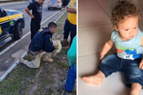 Policial salvando o bebê Josué Levi que estava engasgado. (Foto: Divulgação/PRF)
