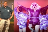 Pastor Craig Duke na igreja (à esquerda) e atuando como drag queen (à direita). (Foto/Montagem Guiame: Captura de tela/HBO)