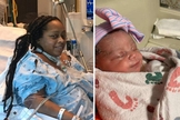 Sheenah Berry durante internação, e sua bebê Kensley logo após o parto. (Foto: Reprodução / Fox5Atlanta)