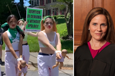 Ativistas pró-aborto ‘Rise Up 4 Abortion Rights’ protestam em frente à casa da juíza conservadora e católica, Amy Coney Barrett (à esquerda) (Captura de tela Twitter Rise Up 4 Abortion Rights / Rachel Malehorn / Creative Commons)
