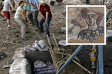 Escavações na antiga vila judaica de Huqoq e, no destaque, mosaico com figura bíblica. (Foto: Huqoq Excavation Project / Jim Haberman)