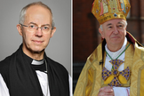 O arcebispo de Canterbury, Justin Wellby [à esq]; o arcebispo da Igreja Católica da Inglaterra, Vincent Nichols. (Fotos: Roger Harris/Creative Commons e Marcin Mazur/CCN)