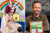 Kirk Cameron mostra seu livro infantil "As You Grow" [à dir.]; leituras por drag queens são aceitas em bibliotecas públicas. (Fotos: Brave Books/Relearn.org/Facebook)