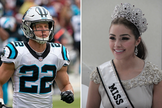 Olivia Culpo, vencedora do Miss Universo (Foto: U.S. Embassy, Jakarta). Christian McCaffrey (Foto: Keith Allison de Hanover/Creative Commons).