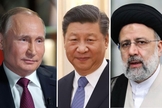 Vladimir Putin, Xi Jinping e Ebrahim Raisi. (Fotos: Wikimedia Commons/Montagem)
