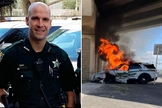 Bombeiro Benjamin Wootson e o carro do xerife que pegou fogo. (Foto: Reprodução/Twitter/Seminole County S.O)