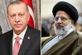 O presidente turco Recep Tayyip Erdogan [à esquerda]; o clérigo e presidente do Irã, Ebrahim Raisi [à direita]. (Fotos: Wikimedia/Creative Commons)