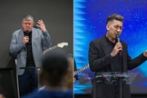 Pastor Jairo Fernandes e jogador Roberto Firmino ministrando na igreja. (Foto: Divulgação/Manah Church)