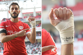 O jogador de futebol israelense do Antalyaspor, Sagiv Jehezkel, mostrou a mensagem escrita em seu pulso após seu gol. (Captura de tela/Halid Abdurrahman/X)